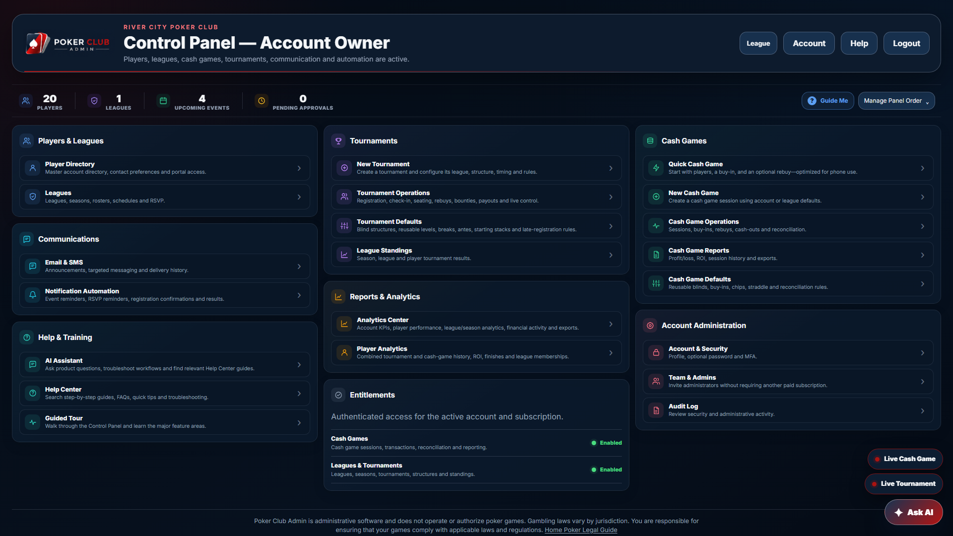 Poker Club Admin Control Panel