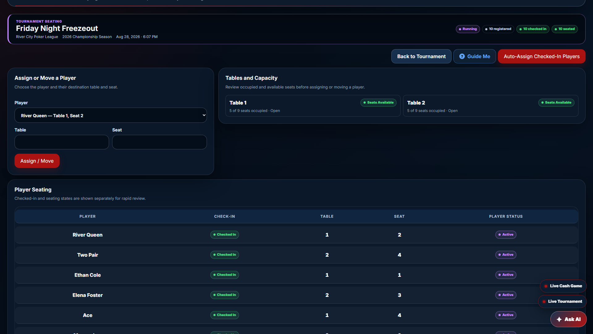 Seating & Check-In in Poker Club Admin